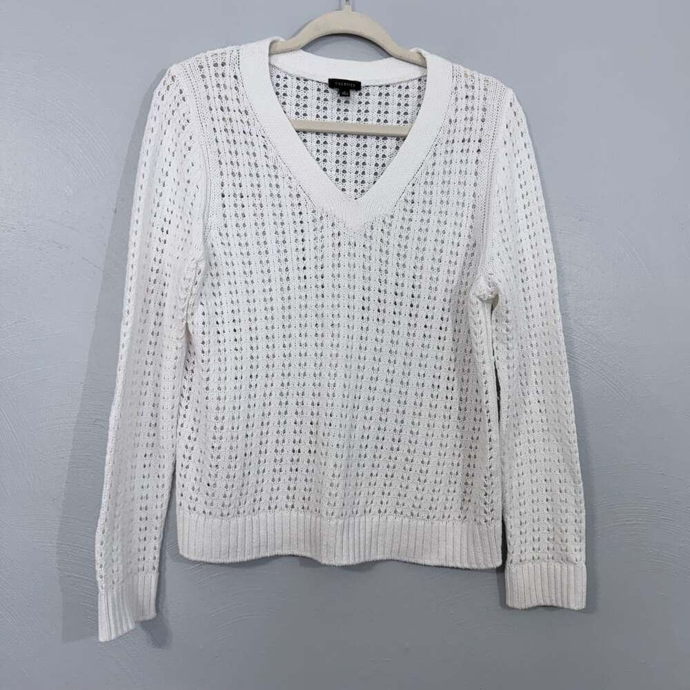 Talbots Open Stitch V-Neck Sweater Size M White 100% Cotton